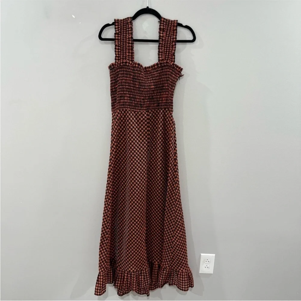 Ganni Dress Seersucker Midi Smocked in Flame Check Red